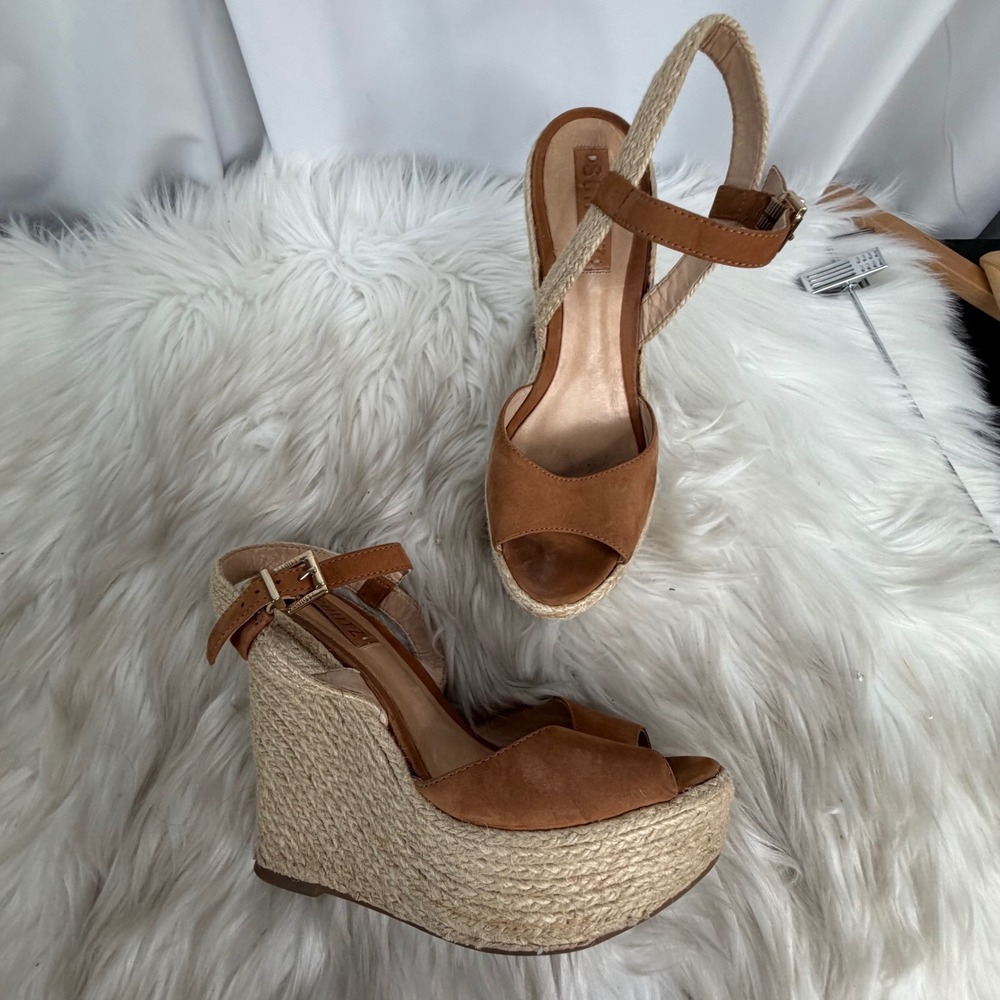 Schutz Tan Suede Espadrille Platform Wedge Sandals Size 8 Made in Brazil